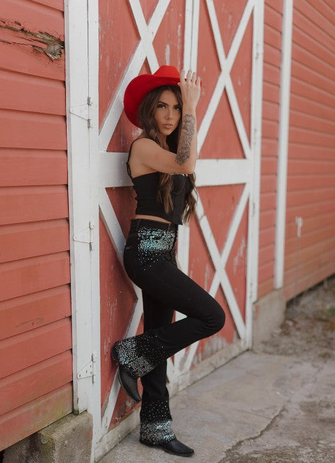 GJG Denim |Rhinestone Boot Cut Jean in Black Denim