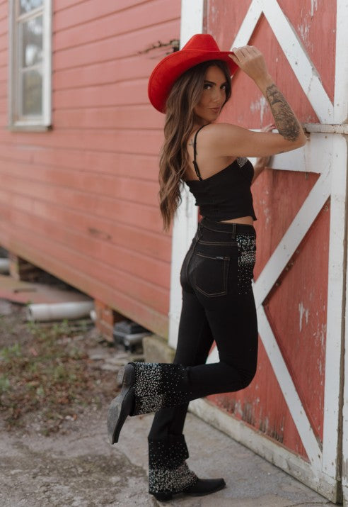 GJG Denim |Rhinestone Boot Cut Jean in Black Denim