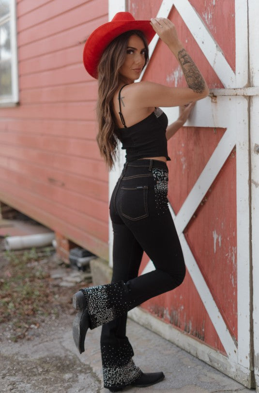 GJG Denim |Rhinestone Boot Cut Jean in Black Denim