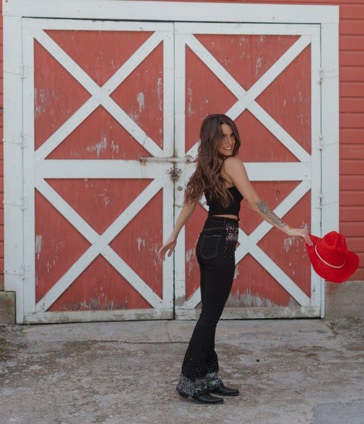 GJG Denim |Rhinestone Boot Cut Jean in Black Denim